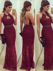 Sheath Lace Halter Sleeveless Red Prom Dresses With Beading