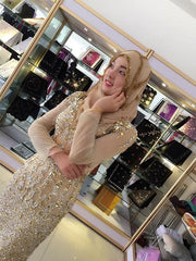Sheath Long Sleeves Scoop Floor-Length Sequin Tulle Muslim Dresses