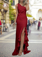 Sheath One-Shoulder Sweep/Brush Train With Ruffles Satin Dresses