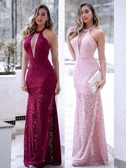Sheath Sleeveless Halter Floor-Length With Ruffles Lace Dresses