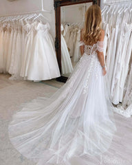Sheer Lace Applique Wedding Dresses with Slit Off the Shoulder Beach Bridal Gown AW1008