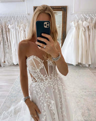Sheer Lace Applique Wedding Dresses with Slit Off the Shoulder Beach Bridal Gown AW1008