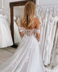 Sheer Lace Applique Wedding Dresses with Slit Off the Shoulder Beach Bridal Gown AW1008