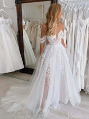 Sheer Lace Applique Wedding Dresses with Slit Off the Shoulder Beach Bridal Gown AW1008