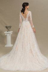Sheer Tulle A-Line Wedding Dress With Lace Illusion Sleeves