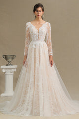 Sheer Tulle A-Line Wedding Dress With Lace Illusion Sleeves