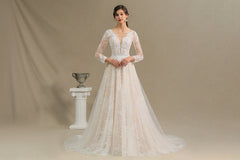 Sheer Tulle A-Line Wedding Dress With Lace Illusion Sleeves