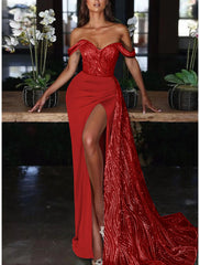 Mermaid Dress Evening Gown Red Green Dress Dress Formal Wedding Guest Court Train Sleeveless Off Shoulder Charmeuse with Ruched Sequin Slit