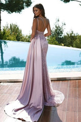 Shining Long One Shoulder Mermaid Satin Backless Prom Dress with Split