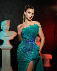 Shining Strapless Beading Split Prom Dress - Sleeveless