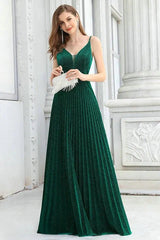 Shinning Dark Green V-Neck Long Evening Dresses
