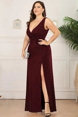 Shinning V-Neck Sleeveless Plus Size Prom Dress Long Evening Gowns With Split