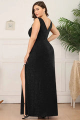 Shinning V-Neck Sleeveless Plus Size Prom Dress Long Evening Gowns With Split