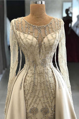 Shiny Off-White Beaded Long Sleeve Round Neck Prom Dress with Overskirt