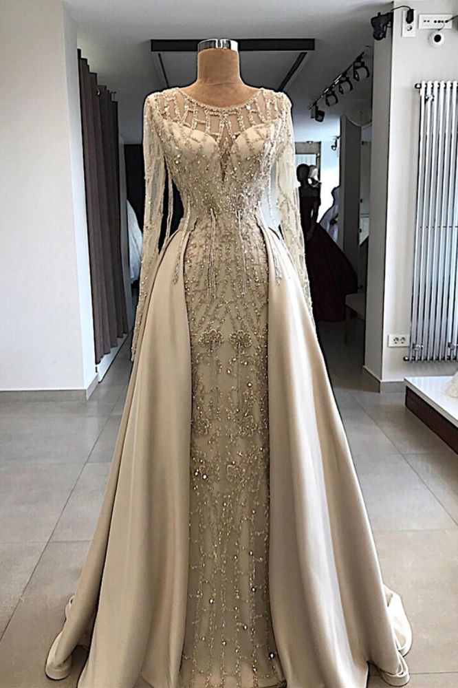 Shiny Off-White Beaded Long Sleeve Round Neck Prom Dress with Overskirt