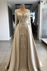 Shiny Off-White Beaded Long Sleeve Round Neck Prom Dress with Overskirt