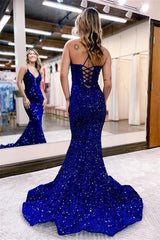 Shiny Sequin Mermaid Evening Dress Blue Floor Length Prom Dress Online