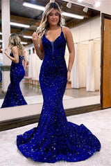 Shiny Sequin Mermaid Evening Dress Blue Floor Length Prom Dress Online