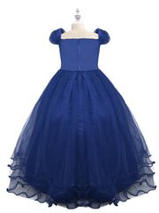 Short Sleeve Boat Neck Chiffon Tulle Flower Girl Dress with Beading Appliques & Paillette