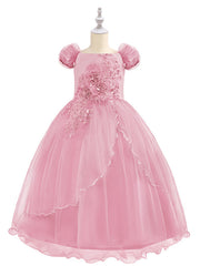 Short Sleeve Boat Neck Chiffon Tulle Flower Girl Dress with Beading Appliques & Paillette