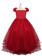 Short Sleeve Boat Neck Chiffon Tulle Flower Girl Dress with Beading Appliques & Paillette