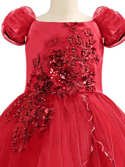 Short Sleeve Boat Neck Chiffon Tulle Flower Girl Dress with Beading Appliques & Paillette