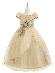 Short Sleeve Boat Neck Chiffon Tulle Flower Girl Dress with Beading Appliques & Paillette