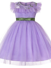 Short Sleeve Jewel Flower Girl Dresses with Tulle Sash