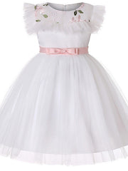 Short Sleeve Jewel Flower Girl Dresses with Tulle Sash