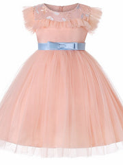 Short Sleeve Jewel Flower Girl Dresses with Tulle Sash
