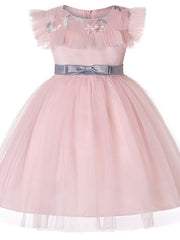Short Sleeve Jewel Flower Girl Dresses with Tulle Sash