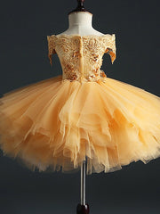 Short Sleeve Off Shoulder Flower Girl Dress With Appliques