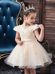 Short Sleeve V Neck Flower Girl Dresses with Tulle Sash Ribbon and Bow Appliques