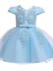 Short Sleeve V Neck Flower Girl Dresses with Tulle Sash Ribbon and Bow Appliques