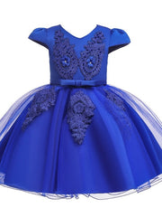 Short Sleeve V Neck Flower Girl Dresses with Tulle Sash Ribbon and Bow Appliques
