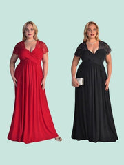 Short Sleeves V-Neck Floor-Length Lace Chiffon Plus Size Dresses