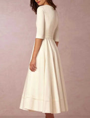 Reception Vintage 1940s / 1950s Little White Dresses Wedding Dresses A-Line V Neck Half Sleeve Tea Length Satin Bridal Gowns With Pleats White & Ivory ship in 48 hours