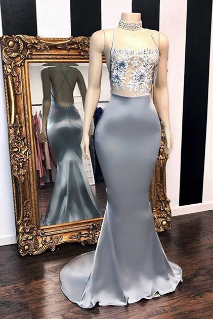 Silver High Neck Criss-Cross Crystal Mermaid Prom Dress