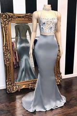 Silver High Neck Criss-Cross Crystal Mermaid Prom Dress