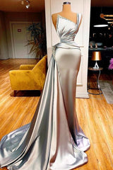Silver Soft Satin One Shoulder Sheath Beading Ruffles Prom Dress