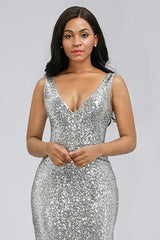 Silver V-Neck Sequins Mermaid Prom Dress Long Evening Party Gowns