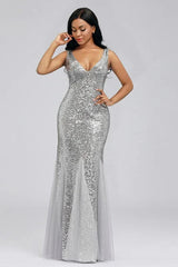 Silver V-Neck Sequins Mermaid Prom Dress Long Evening Party Gowns