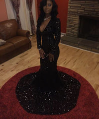 Simple Black Sequins Long Sleeve Mermaid Prom Dress