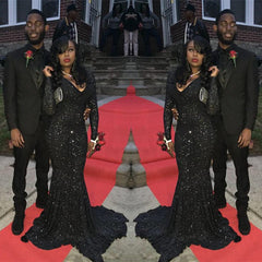 Simple Black Sequins Long Sleeve Mermaid Prom Dress