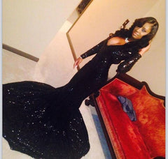 Simple Black Sequins Long Sleeve Mermaid Prom Dress