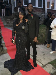 Simple Black Sequins Long Sleeve Mermaid Prom Dress