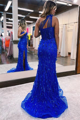 Simple Blue Mermaid One Shoulder Evening Dress