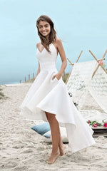 Simple High-low Spaghetti Straps Beach Wedding Dress With Ruching