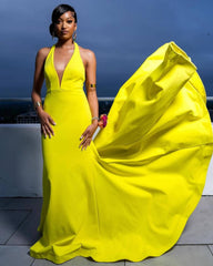 Simple Hot Yellow V-Neck Sleeveless Sheath Prom Dress