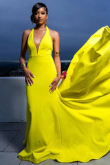 Simple Hot Yellow V-Neck Sleeveless Sheath Prom Dress